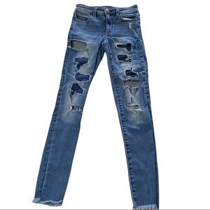 American Eagle Super Stretch Hi-Rise Jegging Light Wash Whiskered Destroyed 0x26